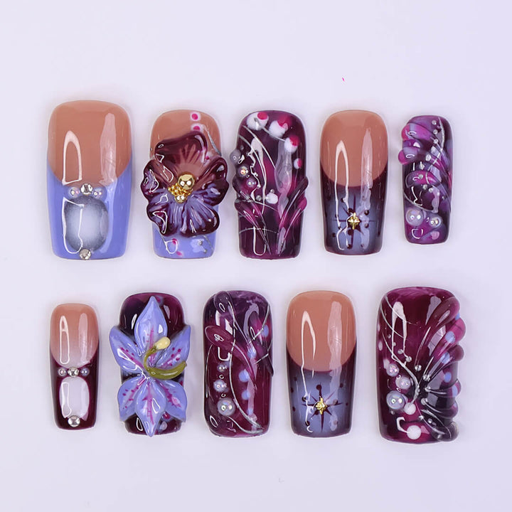 3D galaxy press on nails with  purple flowers, stars, and abstract swirl patterns in deep plum, violet, and lilac tones — featuring crystal accents, glossy finishes, and hand-painted cosmic details — handmade press on nails, luxury nail art, fake nails, false nails, pressons — perfect for night-out glam, artistic nail lovers, or dreamy gifting.