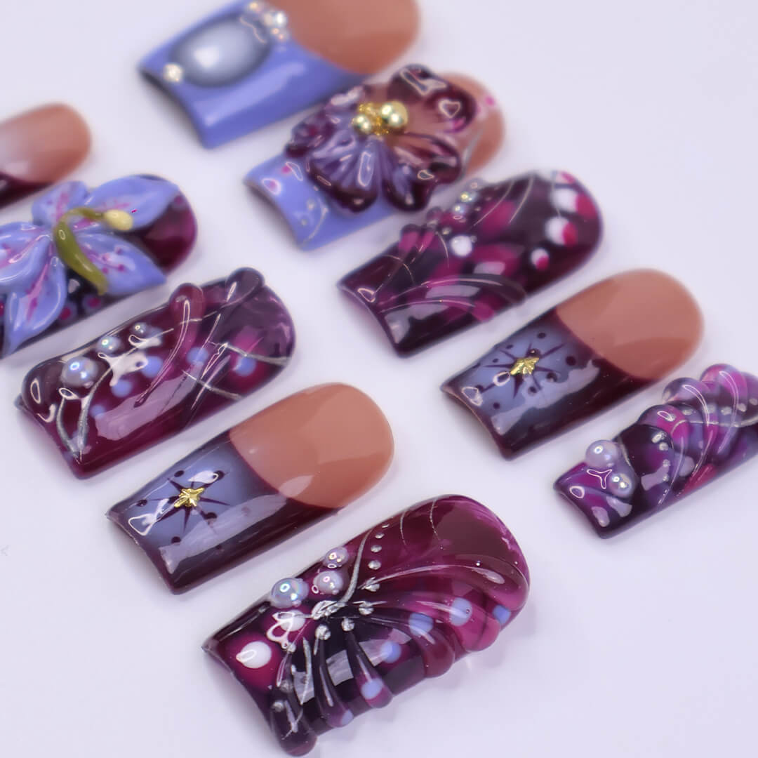 3D galaxy press on nails with purple flowers, stars, and abstract swirl patterns in deep plum, violet, and lilac tones — featuring crystal accents, glossy finishes, and hand-painted cosmic details — handmade press on nails, luxury nail art, fake nails, false nails, pressons — perfect for night-out glam, artistic nail lovers, or dreamy gifting.