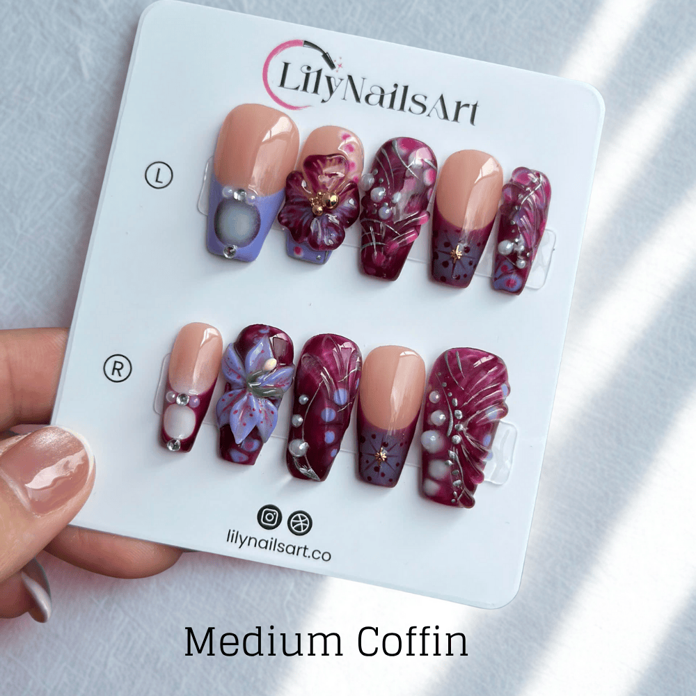 3D galaxy press on nails with purple flowers, stars, and abstract swirl patterns in deep plum, violet, and lilac tones — featuring crystal accents, glossy finishes, and hand-painted cosmic details — handmade press on nails, luxury nail art, fake nails, false nails, pressons — perfect for night-out glam, artistic nail lovers, or dreamy gifting.