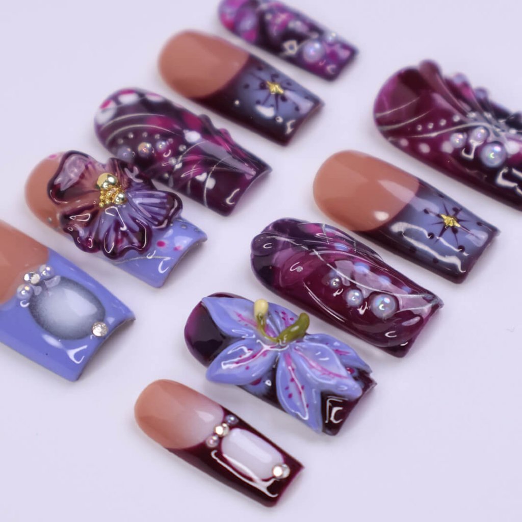 3D galaxy press on nails with purple flowers, stars, and abstract swirl patterns in deep plum, violet, and lilac tones — featuring crystal accents, glossy finishes, and hand-painted cosmic details — handmade press on nails, luxury nail art, fake nails, false nails, pressons — perfect for night-out glam, artistic nail lovers, or dreamy gifting.