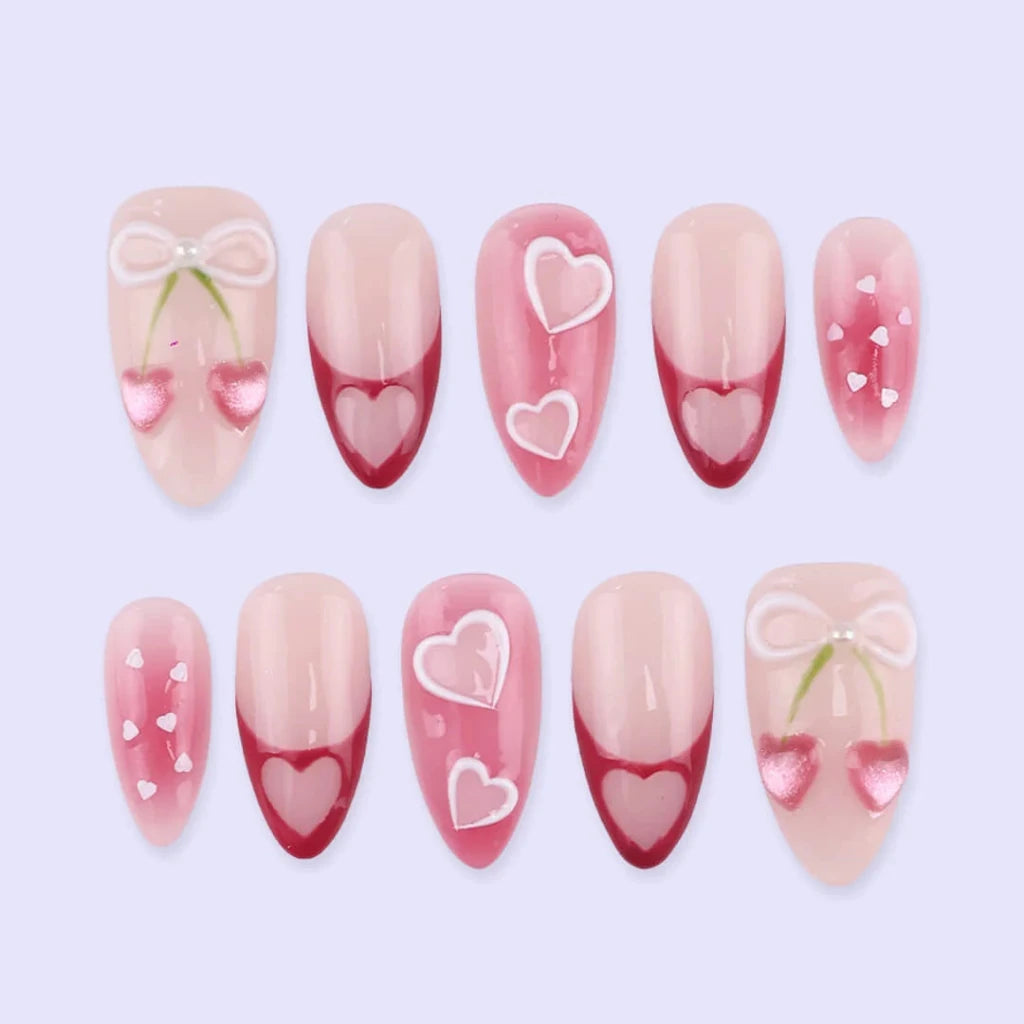 Handmade Pink press on nails with Sweet Heart, Cherry Bow & French Tip, Medium Almond luxury handmade nail art, false nails, pressons — perfect for Valentine Date Night