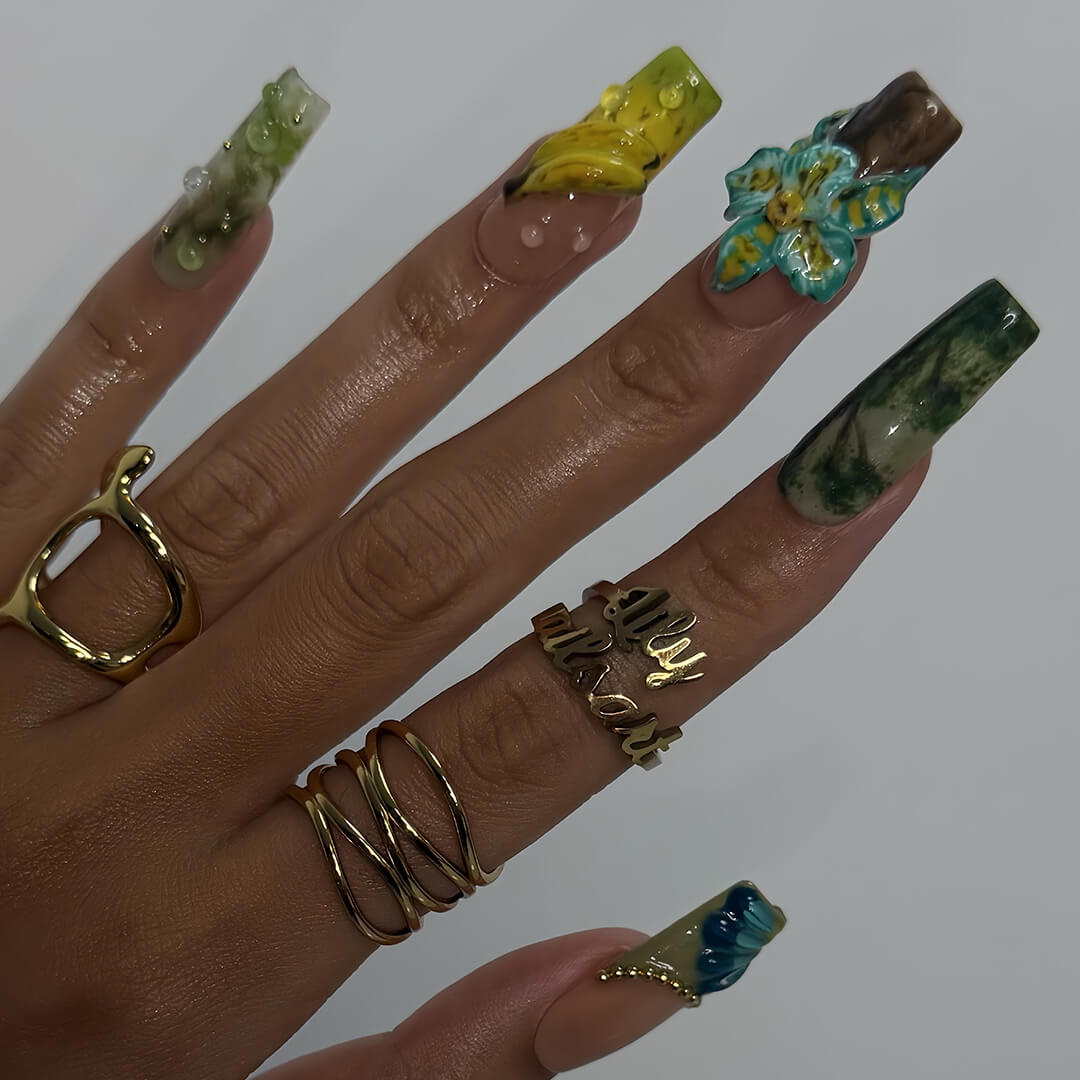 3D tropical press on nails featuring sculpted papaya, banana, florals, and rainforest textures in green, teal, and coral hues — luxury handmade long square nail art with fruit and botanical elements — perfect for vacation looks, jungle-inspired outfits