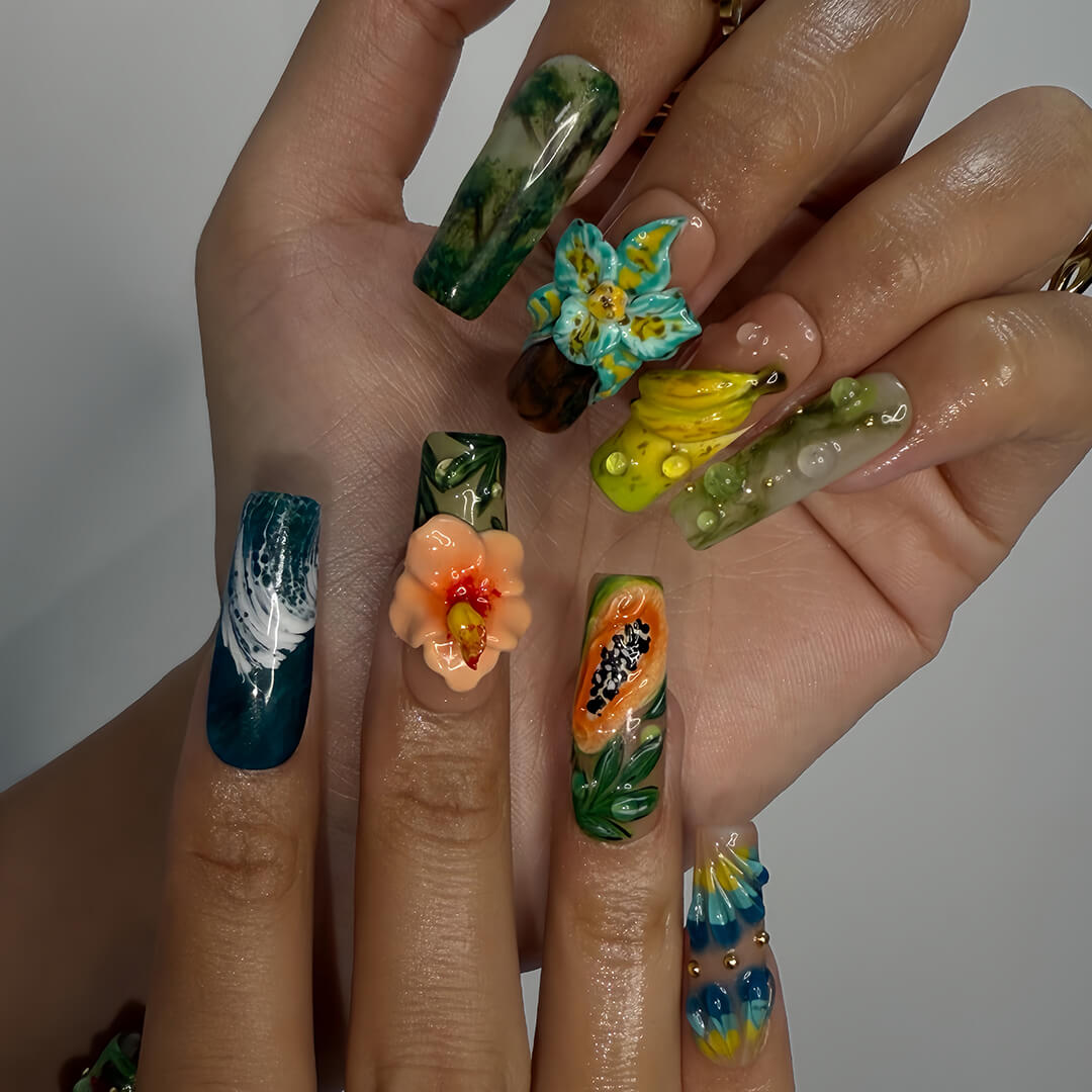 3D tropical press on nails featuring sculpted papaya, banana, florals, and rainforest textures in green, teal, and coral hues — luxury handmade long square nail art with fruit and botanical elements — perfect for vacation looks, jungle-inspired outfits
