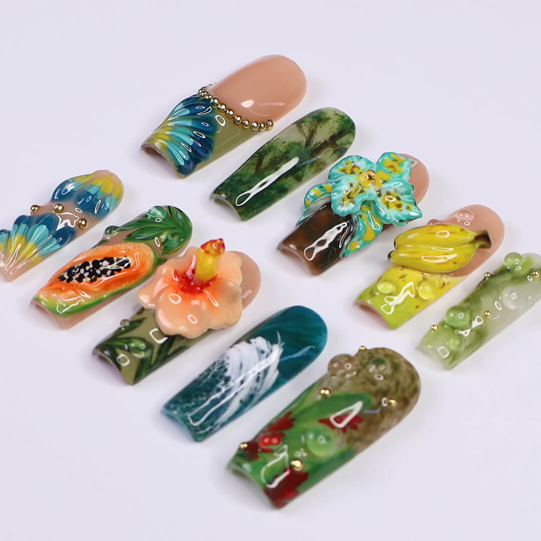 3D tropical press on nails featuring sculpted papaya, banana, florals, and rainforest textures in green, teal, and coral hues — luxury handmade long square nail art with fruit and botanical elements — perfect for vacation looks, jungle-inspired outfits
