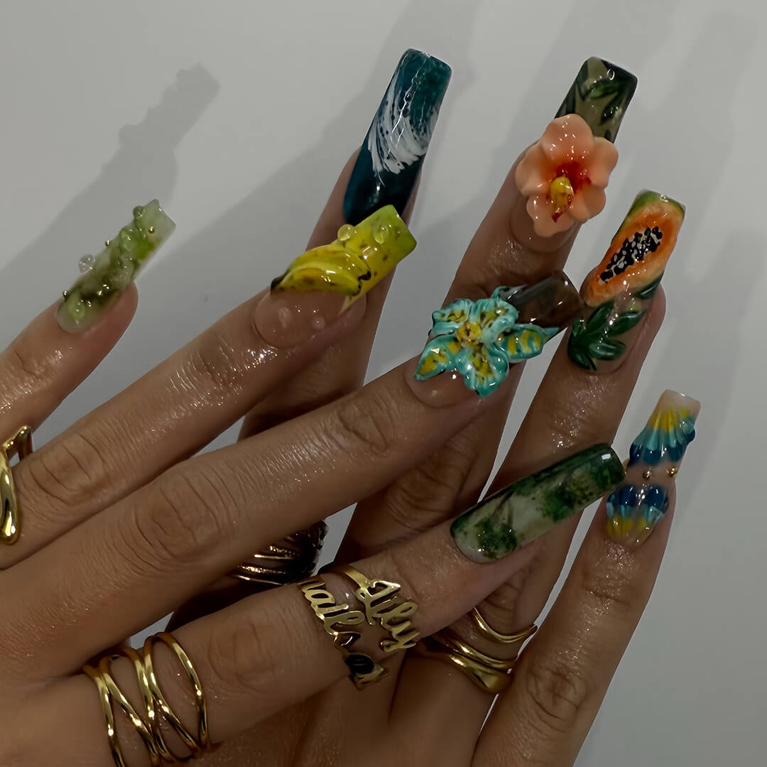 3D tropical press on nails featuring sculpted papaya, banana, florals, and rainforest textures in green, teal, and coral hues — luxury handmade long square nail art with fruit and botanical elements — perfect for vacation looks, jungle-inspired outfits