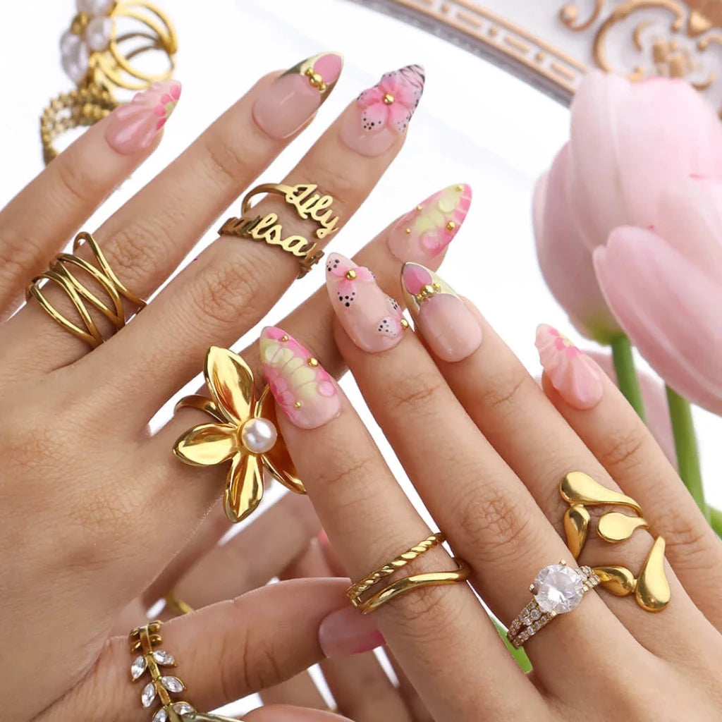 Handmade Pink press on nails with 3D Floral & Gold Frame, Medium Almond luxury handmade nail art, false nails, pressons — perfect for Holiday, Vacation, Birthday