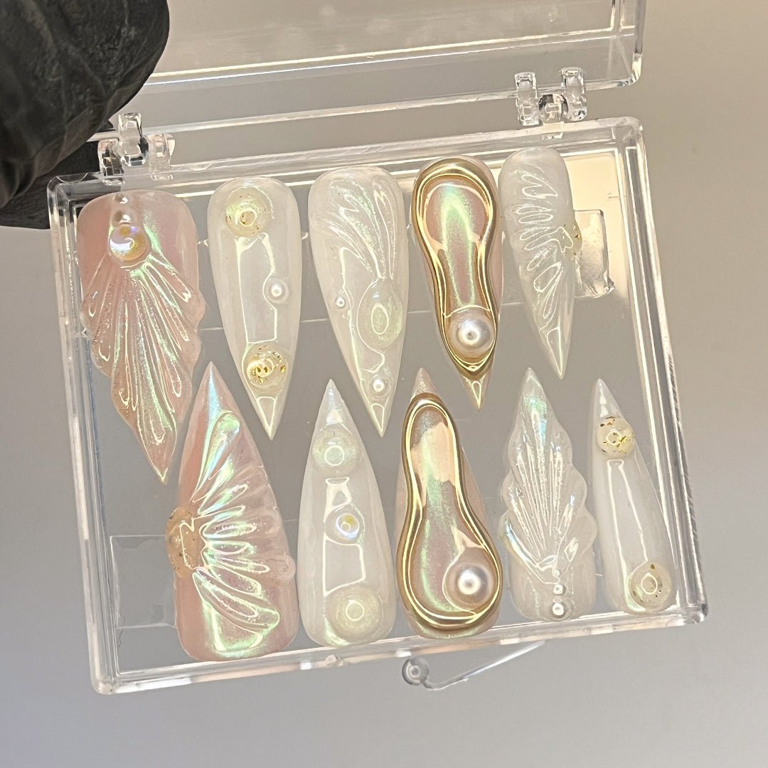 Pearlescent 3D press on nails with mermaid designs, gold chrome accents, and pearl embellishments — luxury handmade bridal nails, perfect for weddings, formal events, and birthday, vacation