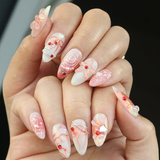 Blush pink press-on nails with 3D bows and shimmering accents, ideal holiday nails, birthday nails, spring nails, or a thoughtful gift for her.