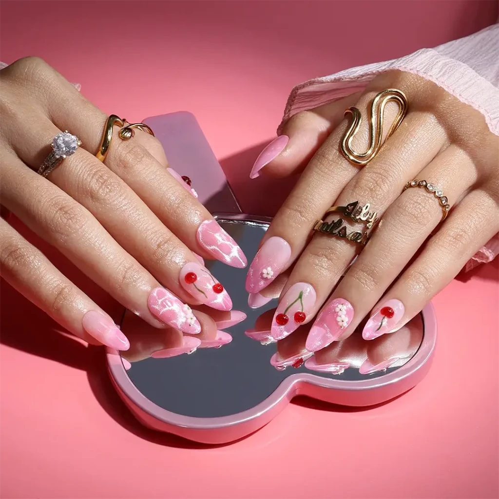 Handmade Pink press on nails with Cute Cherry, Medium Almond luxury handmade nail art, false nails, pressons — perfect for Valentine Date Night