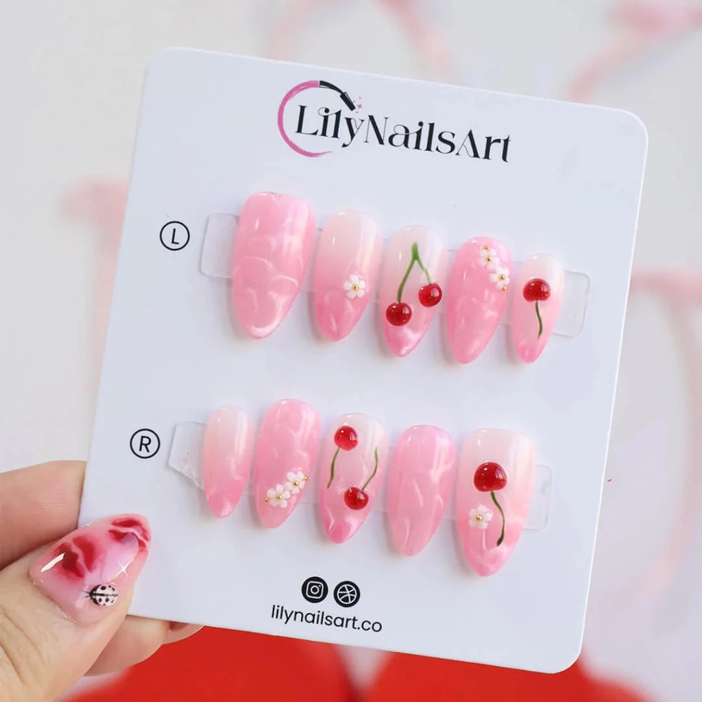 Handmade Pink press on nails with Cute Cherry, Medium Almond luxury handmade nail art, false nails, pressons — perfect for Valentine Date Night