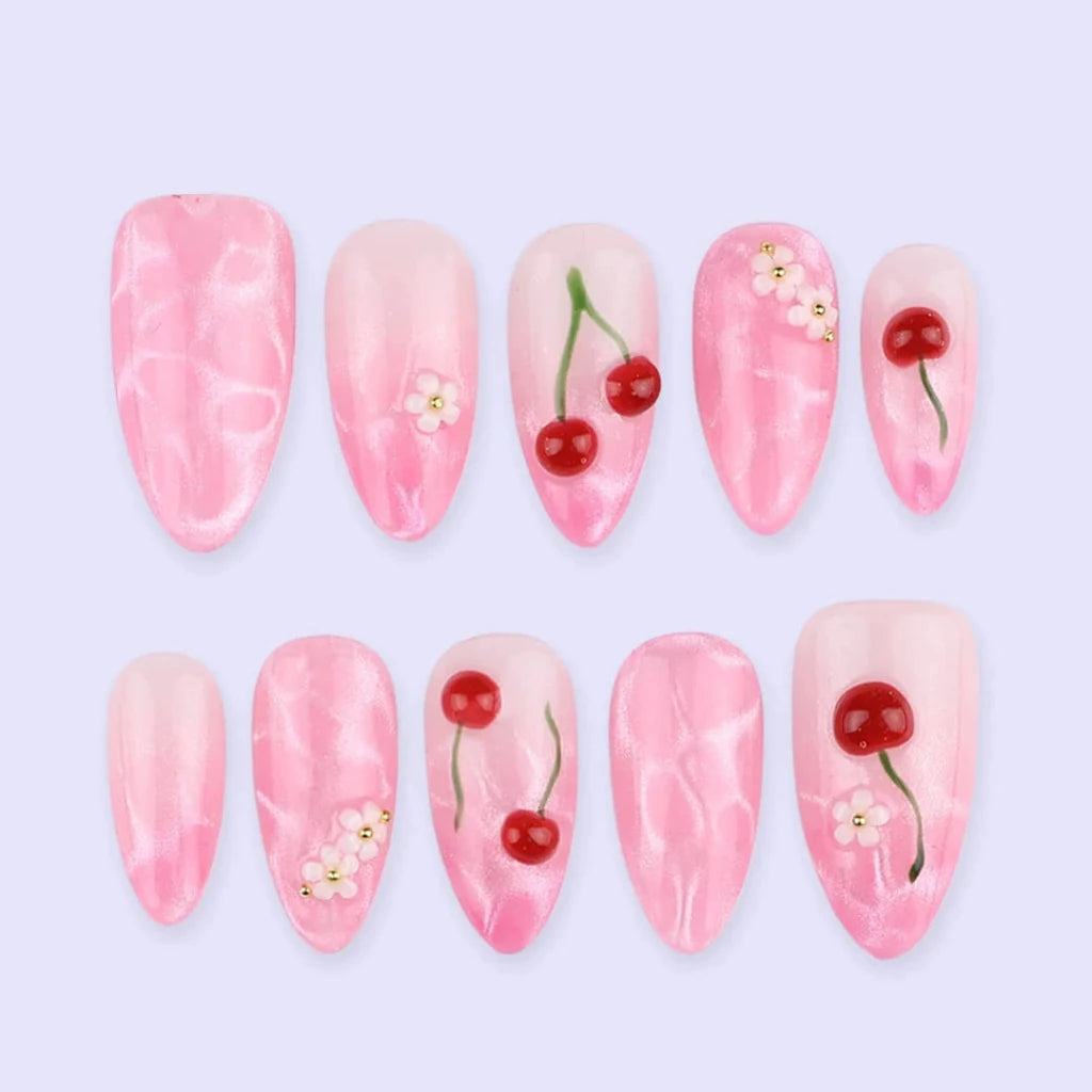 Handmade Pink press on nails with Cute Cherry, Medium Almond luxury handmade nail art, false nails, pressons — perfect for Valentine Date Night