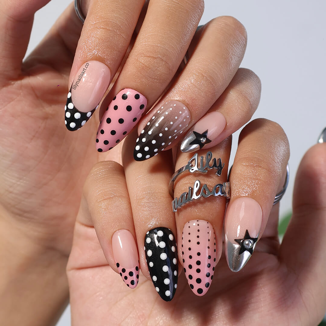 3D polka dot press-on nails in pink, black, and nude with French tip, gradient, and star charm designs — custom press-on nails, luxury handmade nail art, fake nails, false nails, press-ons — perfect for parties, holidays, or everyday wear