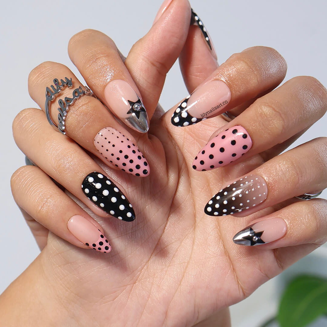3D polka dot press-on nails in pink, black, and nude with French tip, gradient, and star charm designs — custom press-on nails, luxury handmade nail art, fake nails, false nails, press-ons — perfect for parties, holidays, or everyday wear