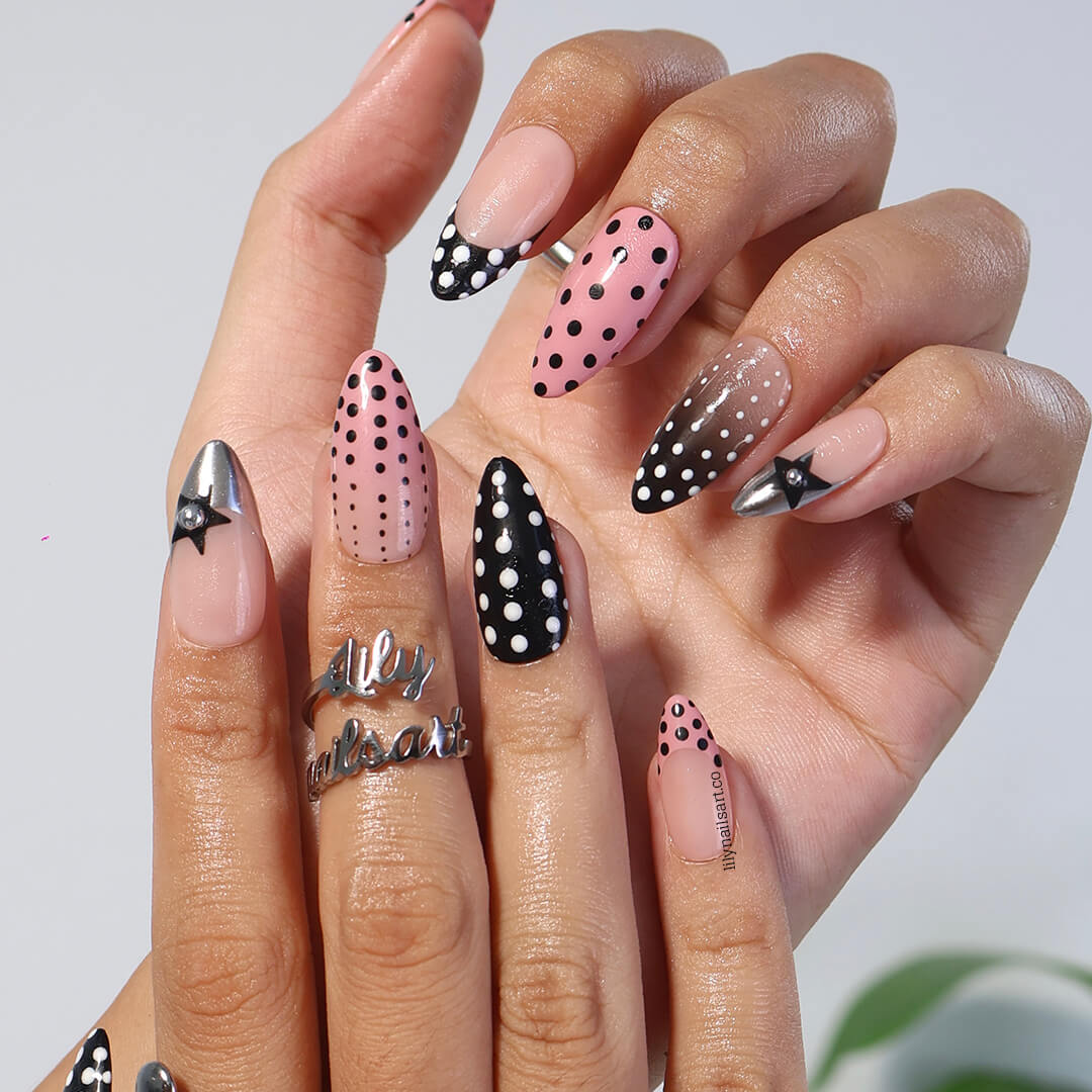 3D polka dot press-on nails in pink, black, and nude with French tip, gradient, and star charm designs — custom press-on nails, luxury handmade nail art, fake nails, false nails, press-ons — perfect for parties, holidays, or everyday wear