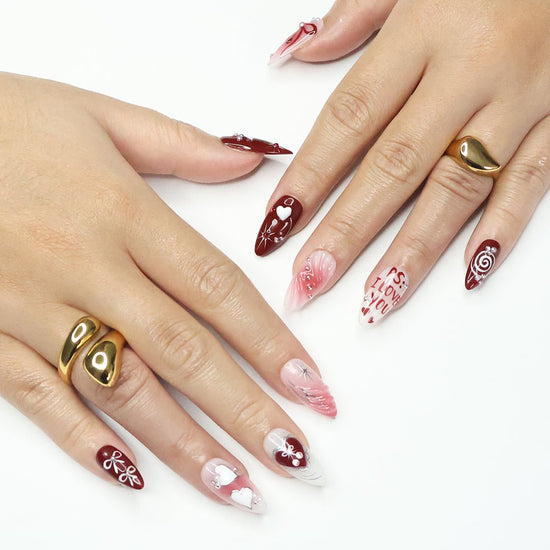 PS. I Love You Press-On Nails – Romantic red and pink with hearts, bows, pearls, and silver details, perfect for holiday, vacation, valentine day, birthday nails, or as a gift for her.