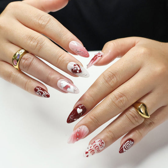 PS. I Love You Press-On Nails – Romantic red and pink with hearts, bows, pearls, and silver details, perfect for holiday, vacation, valentine day, birthday nails, or as a gift for her.