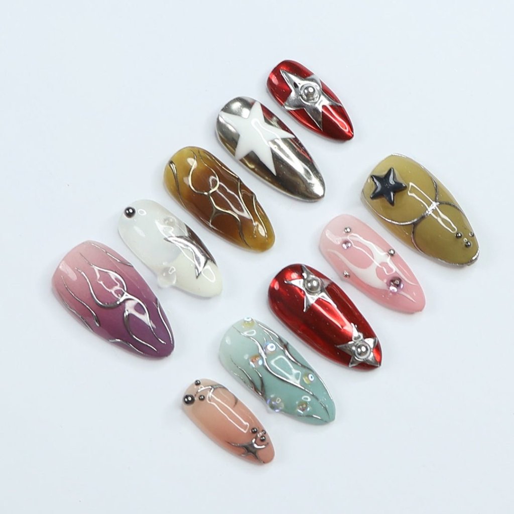 3D celestial press on nails with silver chrome star designs, gradient and metallic finishes, maximalist nail art — custom handmade luxury press on nail set, perfect for holiday parties, New Year, and special occasions