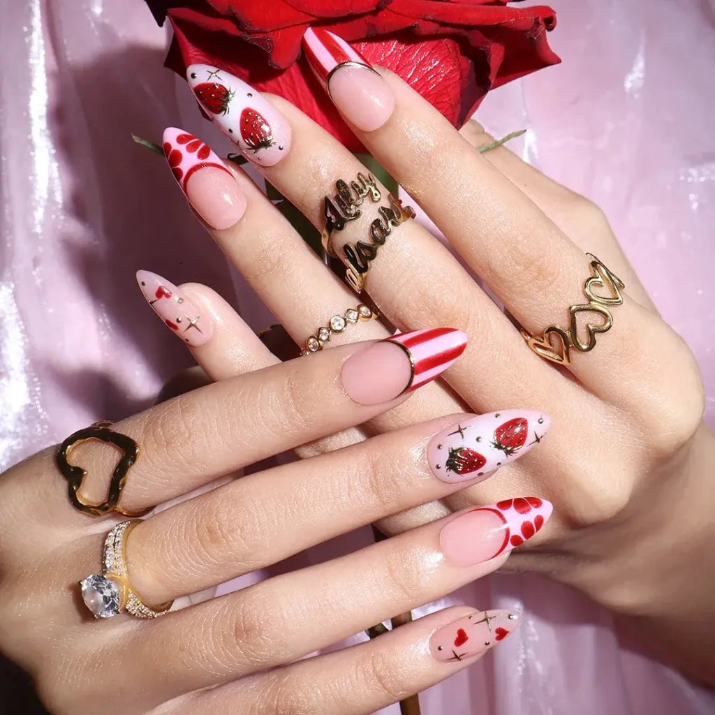 Handmade Pink press on nails with Gold Strawberry Details & French Tip, Medium Almond luxury handmade nail art, false nails, pressons — perfect for Valentine Date Night