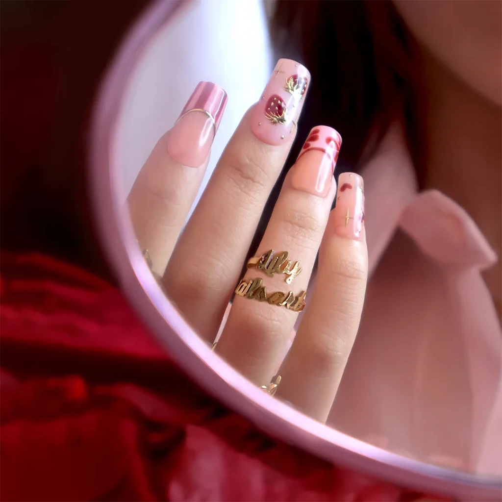 Handmade Pink press on nails with Gold Strawberry Details & French Tip, Medium Square luxury handmade nail art, false nails, pressons — perfect for Valentine Date Night