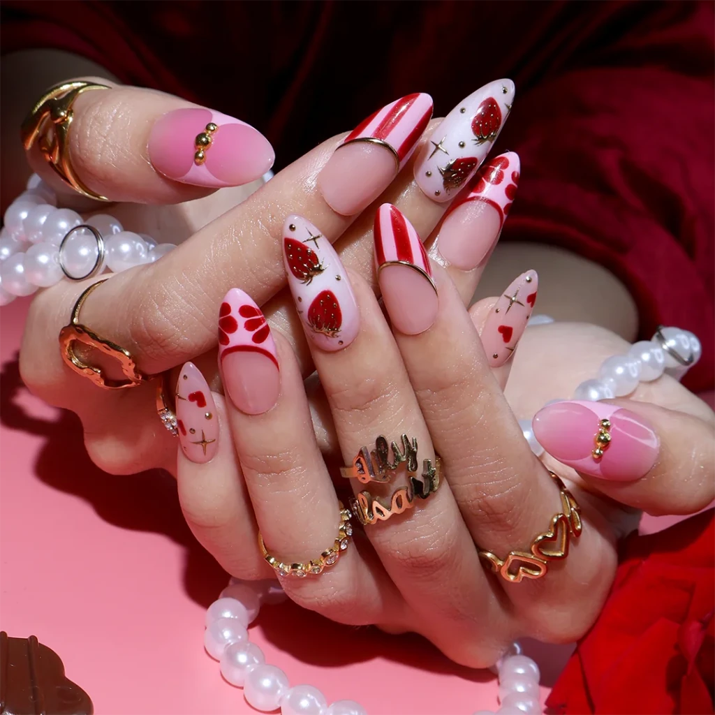 Handmade Pink press on nails with Gold Strawberry Details & French Tip, Medium Almond luxury handmade nail art, false nails, pressons — perfect for Valentine Date Night