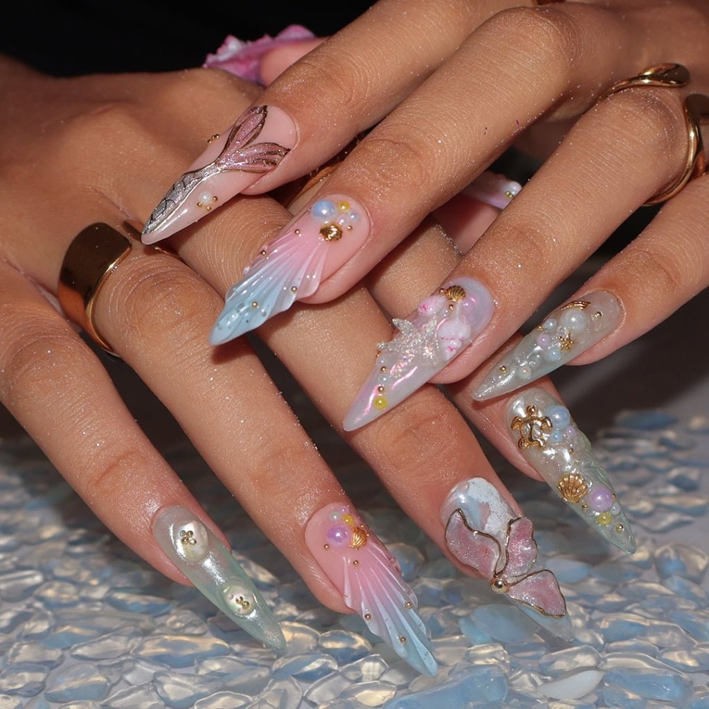 3D pastel press on nails with mermaid tail, pearl accents, seashell charms, and soft ocean shimmer — Seabelle custom handmade nails, summer vacation nails, luxury beach nail art, reusable fake nails, press ons — perfect for beach holidays and dreamy summer escapes.