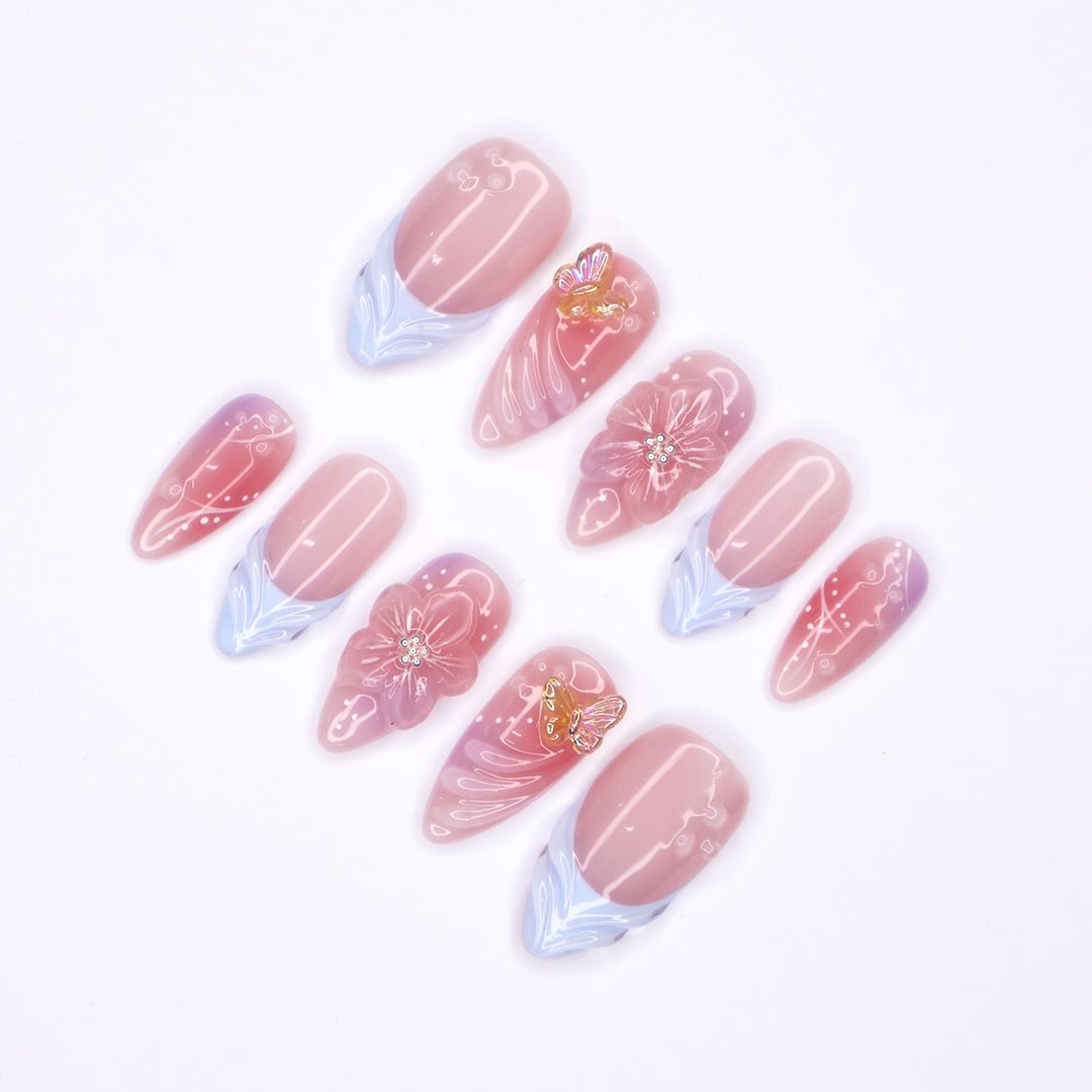 Tropical Bloom Press-On Nails – Bold 3D Floral & Butterfly Nail Set