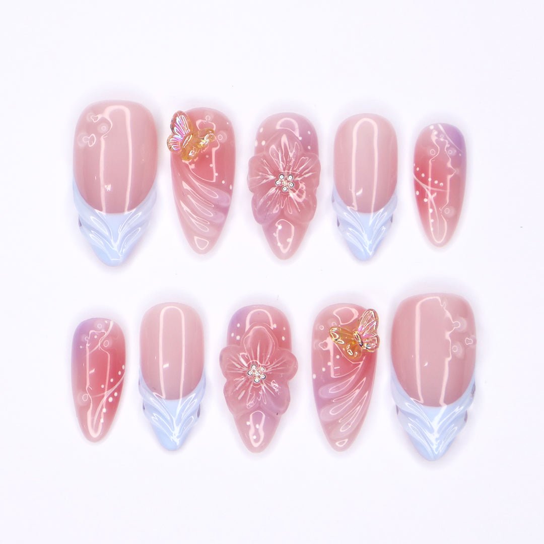 Tropical Bloom handmade Press-On Nails – Bold 3D Floral & Butterfly Nail Set