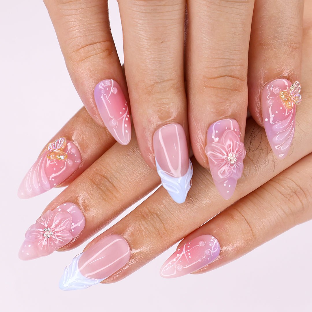 Tropical Bloom Press-On Nails – Bold 3D Floral & Butterfly Nail Set