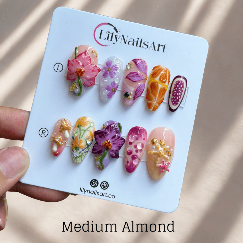 3D tropical press on nails with pink orchids, starfish, orange citrus slices, mushrooms, and ocean-inspired bubbles — featuring 3D florals, beachy details, and fruity accents in pink, purple, and coral hues — summer vacation nails, handmade floral press on nails, fake nails, false nails, pressons — perfect for tropical getaways, creative summer looks, or gifting for her.