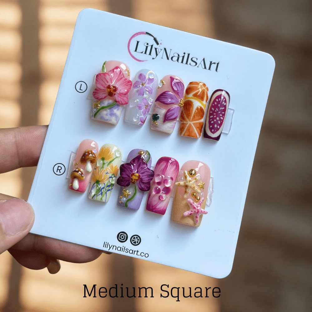 3D tropical press on nails with pink orchids, starfish, orange citrus slices, mushrooms, and ocean-inspired bubbles — featuring 3D florals, beachy details, and fruity accents in pink, purple, and coral hues — summer vacation nails, handmade floral press on nails, fake nails, false nails, pressons — perfect for tropical getaways, creative summer looks, or gifting for her.