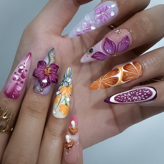 3D tropical press on nails with pink orchids, starfish, orange citrus slices, mushrooms, and ocean-inspired bubbles — featuring 3D florals, beachy details, and fruity accents in pink, purple, and coral hues — summer vacation nails, handmade floral press on nails, fake nails, false nails, pressons — perfect for tropical getaways, creative summer looks, or gifting for her.
