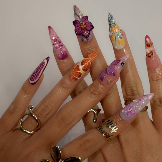 3D tropical press on nails with pink orchids, starfish, orange citrus slices, mushrooms, and ocean-inspired bubbles — featuring 3D florals, beachy details, and fruity accents in pink, purple, and coral hues — summer vacation nails, handmade floral press on nails, fake nails, false nails, pressons — perfect for tropical getaways, creative summer looks, or gifting for her.