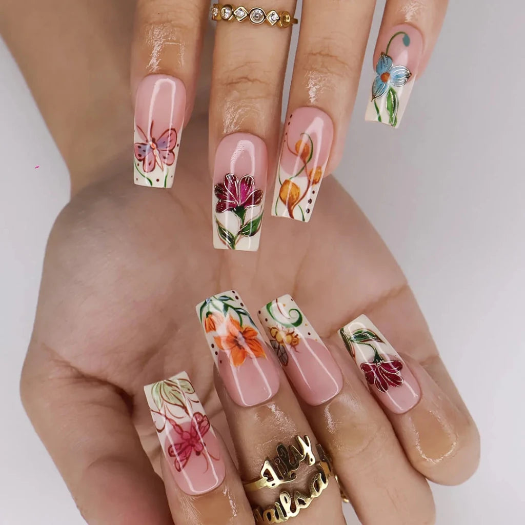 Handmade Orange press on nails with Floral Garden & Butterfly, Medium Square luxury handmade nail art, false nails, pressons — perfect for Holiday, Vacation, Birthday