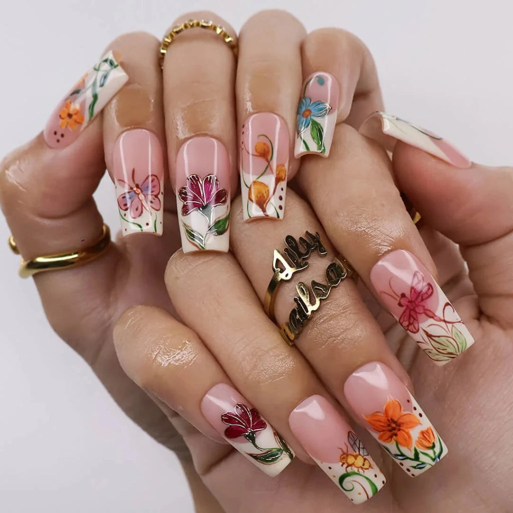 Handmade Orange press on nails with Floral Garden & Butterfly, Medium Square luxury handmade nail art, false nails, pressons — perfect for Holiday, Vacation, Birthday