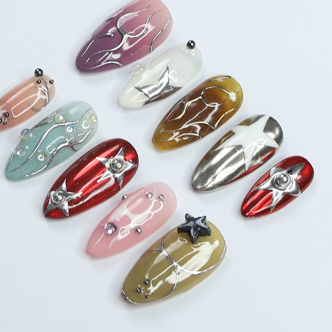 3D celestial press on nails with silver chrome star designs, gradient and metallic finishes, maximalist nail art — custom handmade luxury press on nail set, perfect for holiday parties, New Year, and special occasions