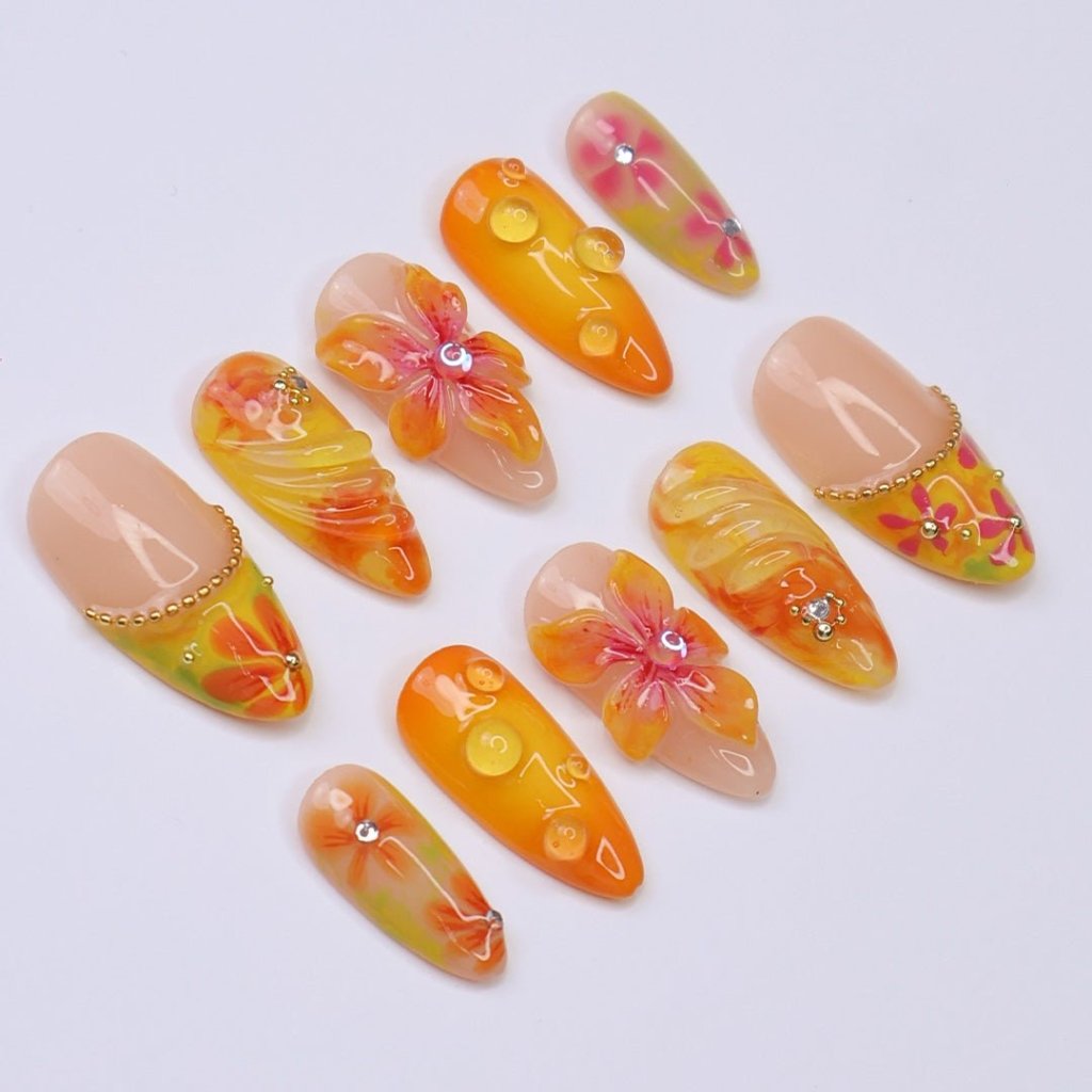 3D yellow summer press on nails with tropical floral designs, swirl textures, rhinestone accents, and glossy finishes — featuring hand-sculpted hibiscus flowers, abstract citrus details, and golden bead embellishments — summer vacation nails, beach press on nails, handmade nail art, fake nails, false nails, pressons — perfect for tropical holidays, summer events, or gifting for her.