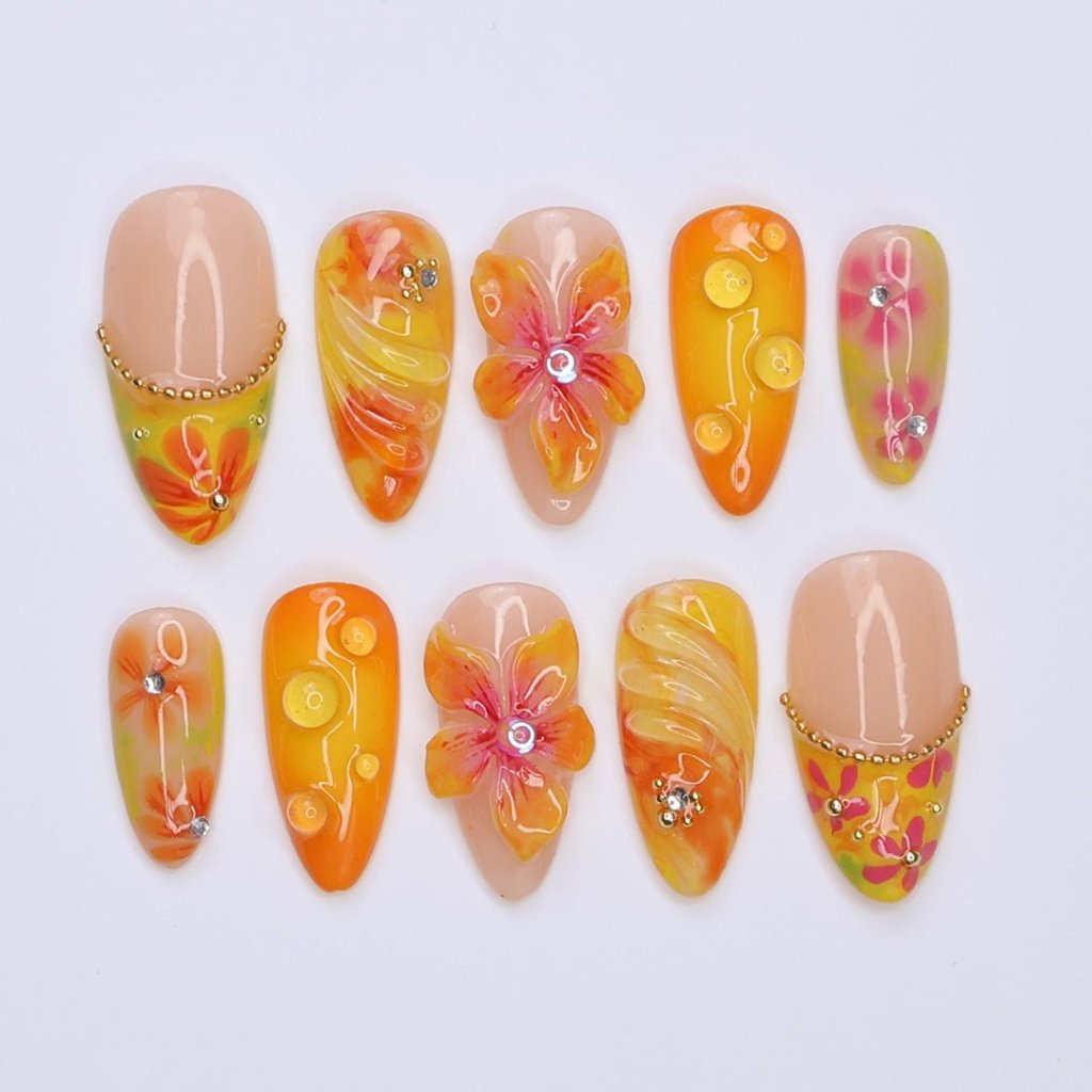 3D yellow summer press on nails with tropical floral designs, swirl textures, rhinestone accents, and glossy finishes — featuring hand-sculpted hibiscus flowers, abstract citrus details, and golden bead embellishments — summer vacation nails, beach press on nails, handmade nail art, fake nails, false nails, pressons — perfect for tropical holidays, summer events, or gifting for her.