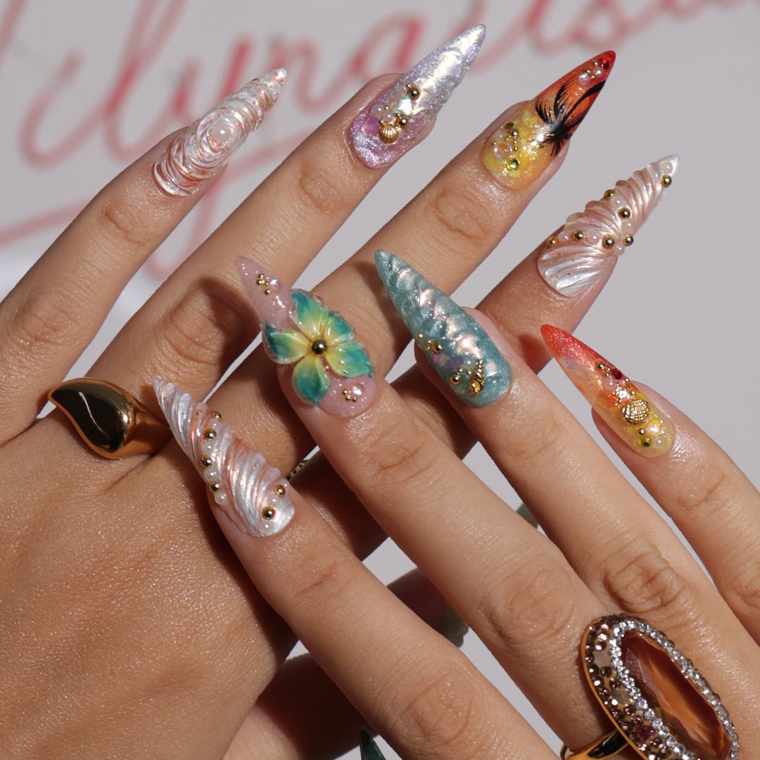 summer nails with mermaid & sunset details, best handmade press on nails for holilday, vacation, beach day