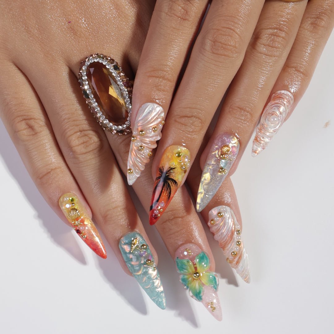 summer nails with mermaid & sunset details, best handmade press on nails for holilday, vacation, beach day