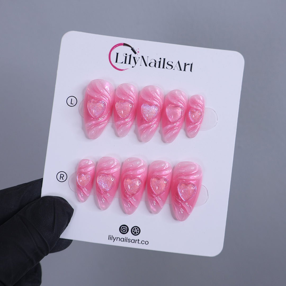Handmade Pink Heart Press-On Nails – Valentine Collection - soft pink tones with shimmering 3D heart accents. Perfect for Valentine’s Day, anniversaries, birthdays, or as a romantic gift for her. pink press on nails sets pink hearts 3d press on nails