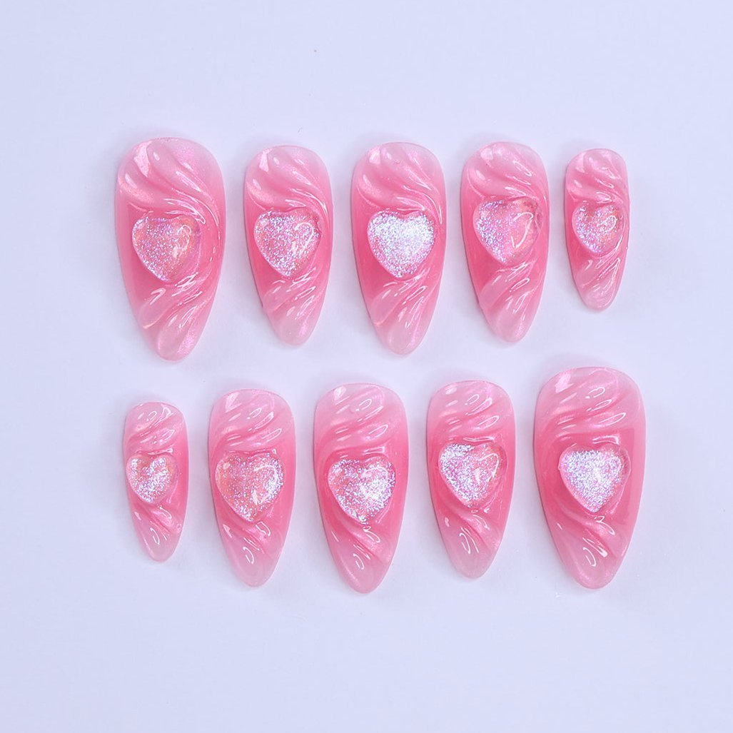 Handmade Pink Heart Press-On Nails – Valentine Collection - soft pink tones with shimmering 3D heart accents. Perfect for Valentine’s Day, anniversaries, birthdays, or as a romantic gift for her. pink press on nails pink heart press on nails 3d hearts press on nails