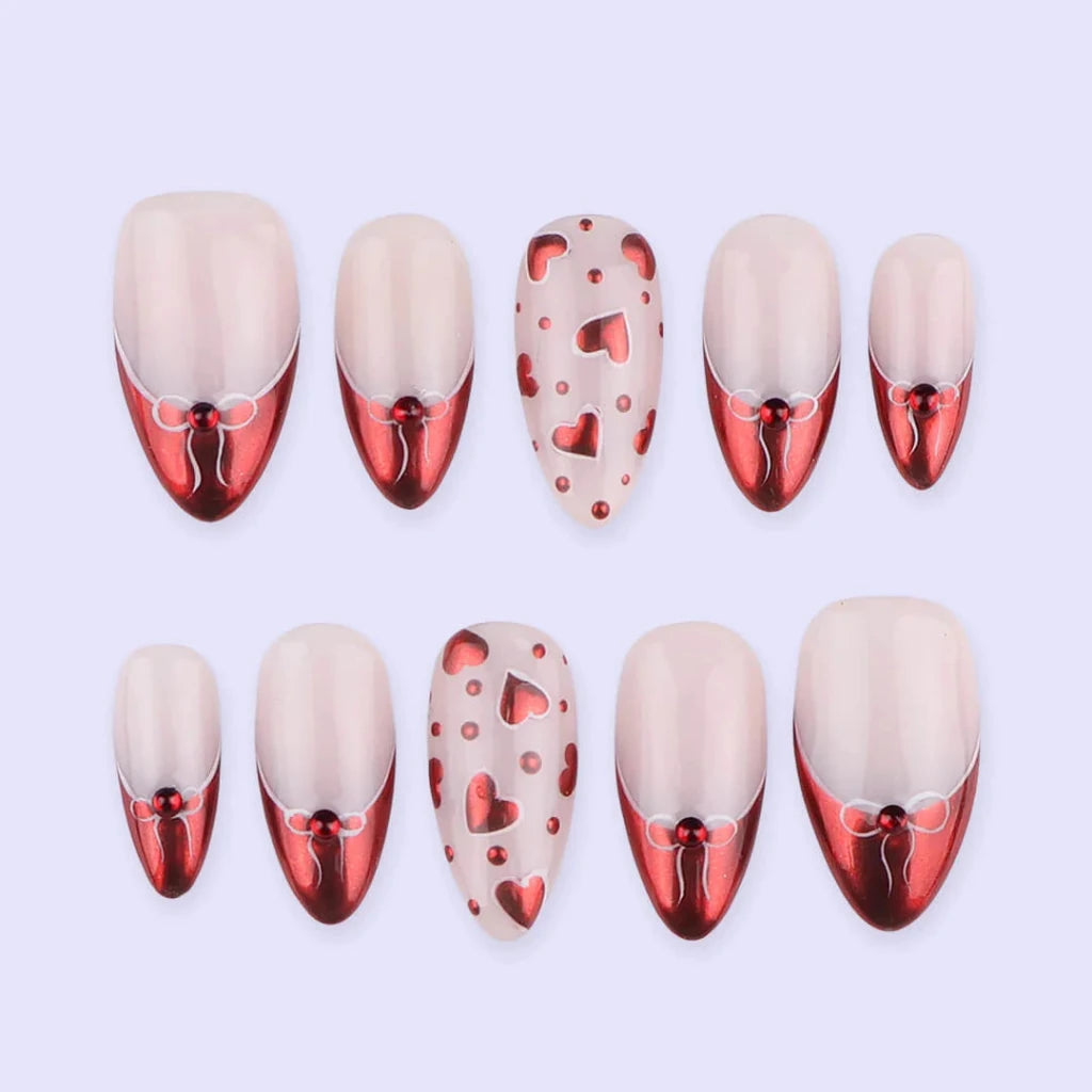 Handmade Red press on nails with Love Heart Details & French Tip, Short Almond luxury handmade nail art, false nails, pressons — perfect for Valentine Date Night