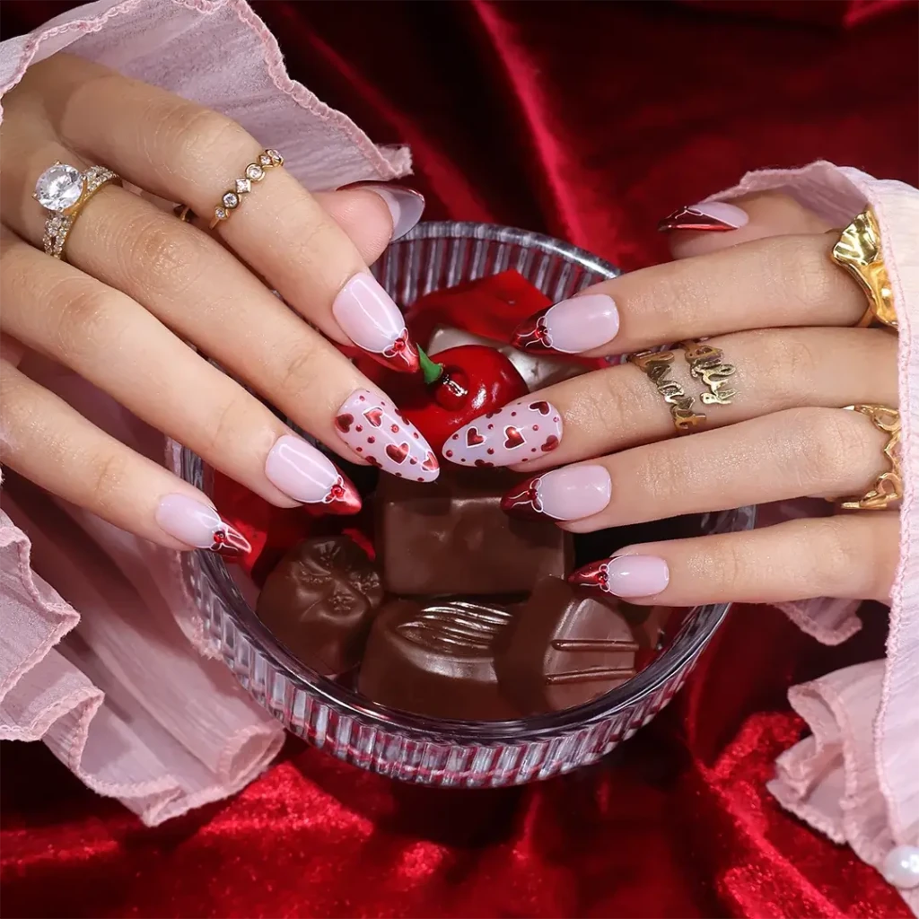 Handmade Red press on nails with Love Heart Details & French Tip, Short Almond luxury handmade nail art, false nails, pressons — perfect for Valentine Date Night