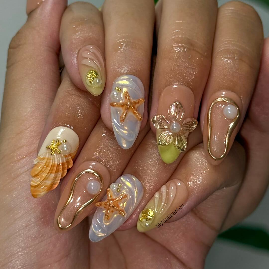 3D summer nails with sculpted shells, pearl flowers, flip-flop charms, and ocean swirl textures — luxury handmade nail art with earthy sage, cream, and amber tones — perfect for beach weddings, coastal getaways, or understated summer elegance.
