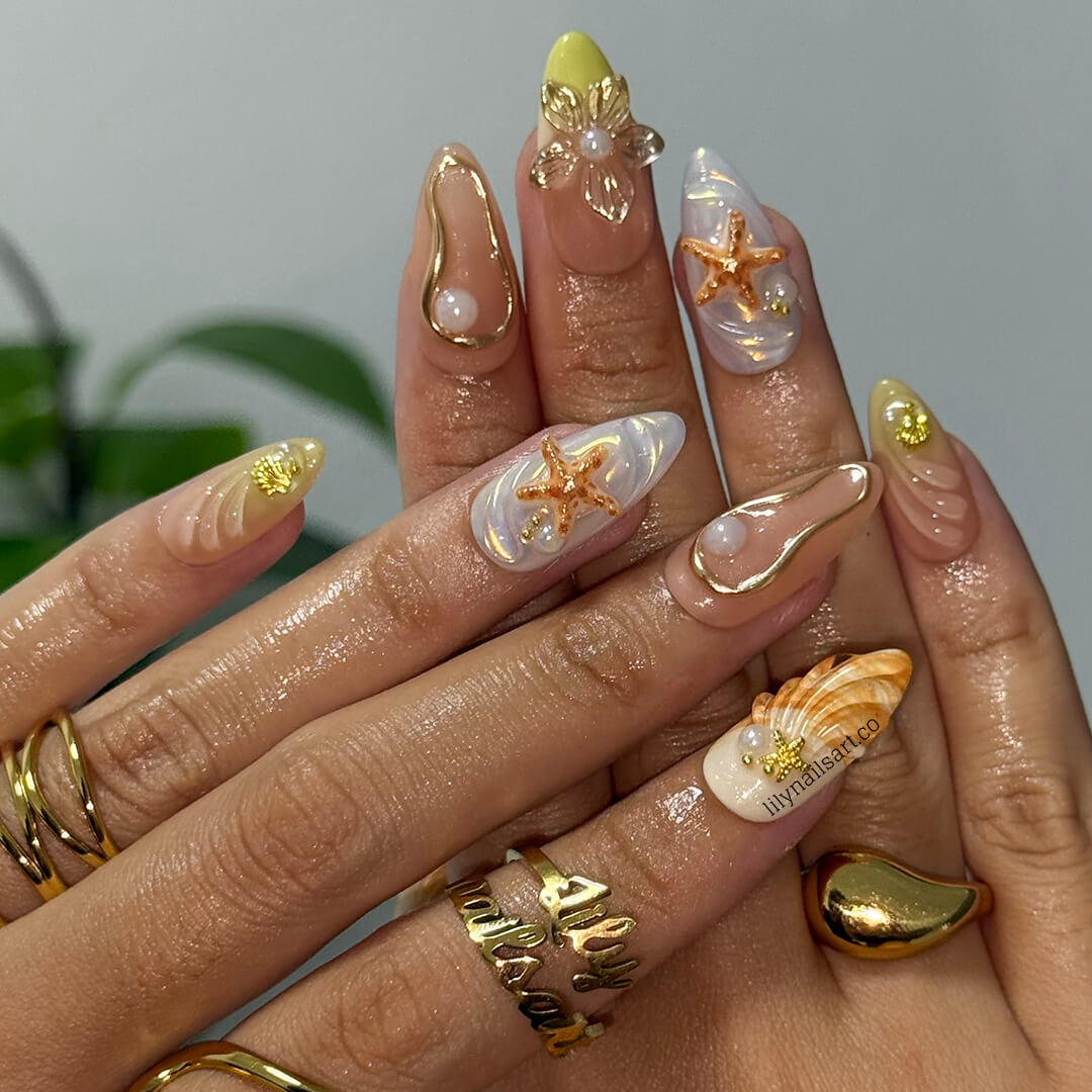 3D summer nails with sculpted shells, pearl flowers, flip-flop charms, and ocean swirl textures — luxury handmade nail art with earthy sage, cream, and amber tones — perfect for beach weddings, coastal getaways, or understated summer elegance.