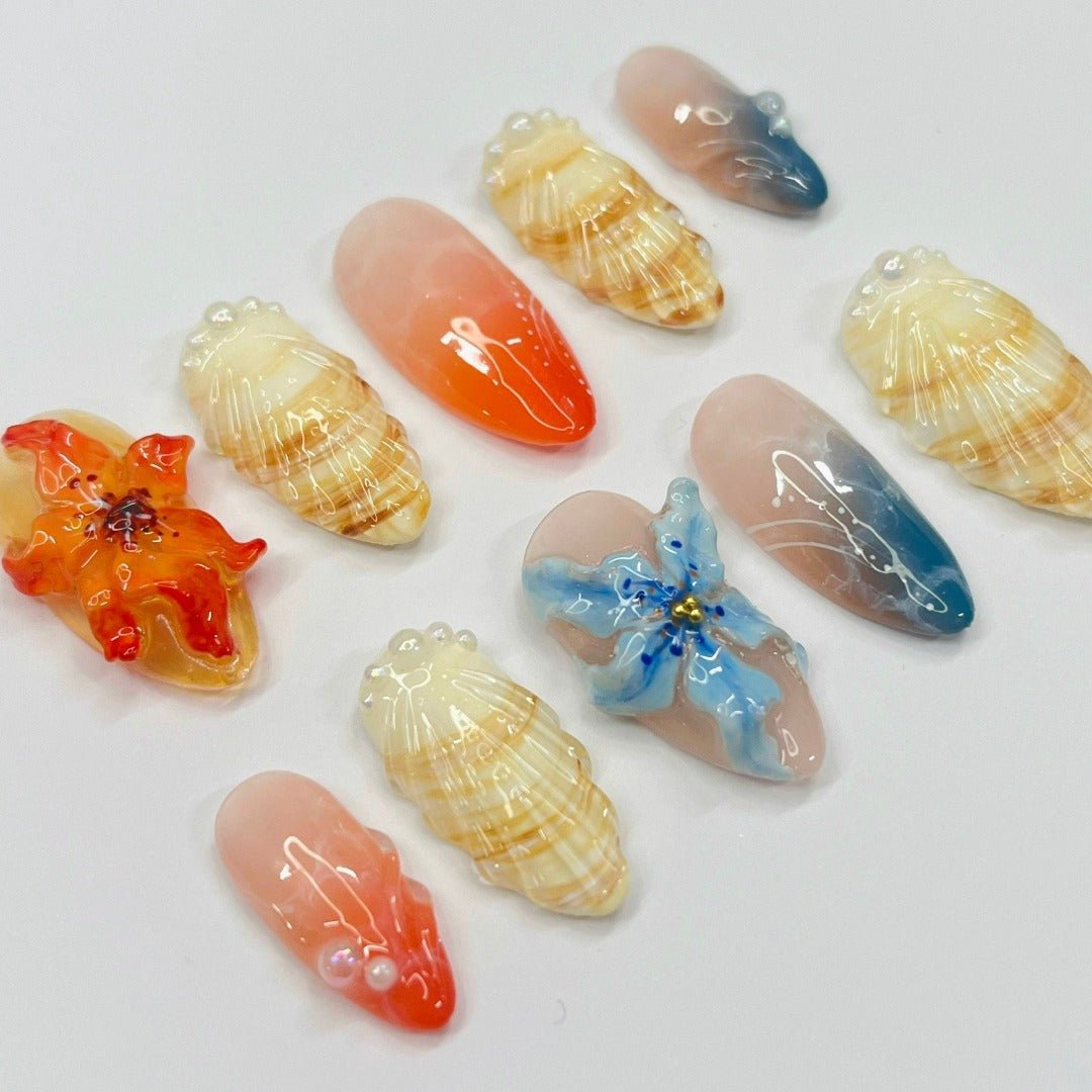 Handmade 3D Seashell and Tropical Flower Press-On Nails – ocean-inspired designs with coral, blue hues, seashell textures, Perfect for summer holidays, birthdays, vacations, or as a thoughtful gift for her.