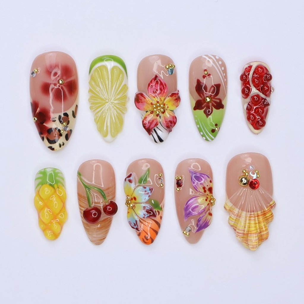3D tropical summer press on nails with fruit and floral designs, featuring cherries, strawberries, lime, mango, and exotic flowers in vivid colors, adorned with gold studs and seashell textures — summer vacation nails, tropical press on nails, custom handmade nail art, fake nails, false nails, pressons — perfect for beach getaways, holiday parties, or gifting for her.
