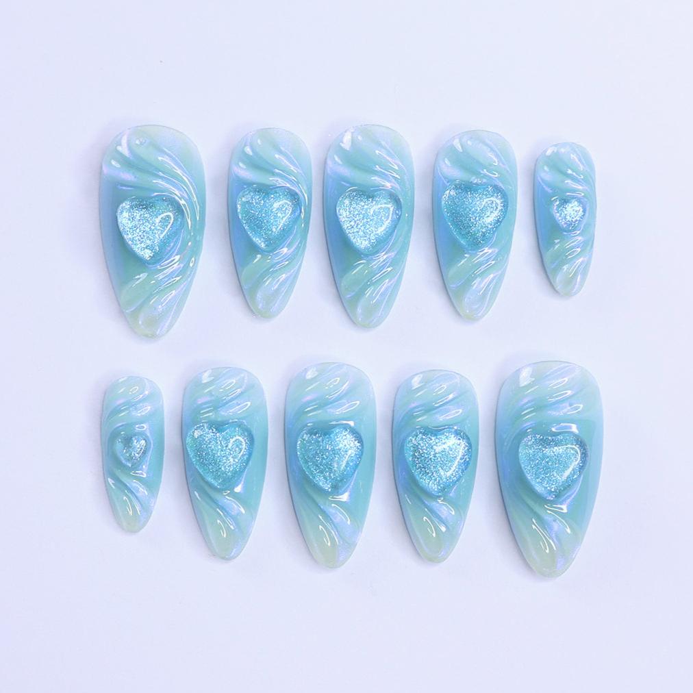 Handmade Blue Heart Press-On Nails – Valetine Collection - soft blue tones with shimmering 3D heart accents. Perfect for birthdays, holidays, anniversaries, or as a thoughtful gift for her. blue press on nails