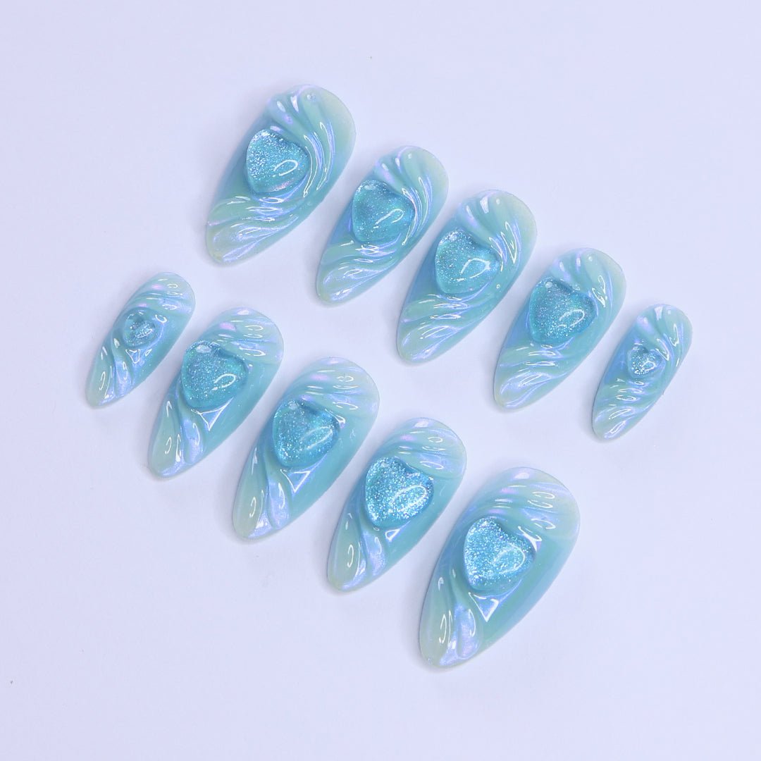 Handmade Blue Heart Press-On Nails – Valetine Collection - soft blue tones with shimmering 3D heart accents. Perfect for birthdays, holidays, anniversaries, or as a thoughtful gift for her. blue hearts press on nails