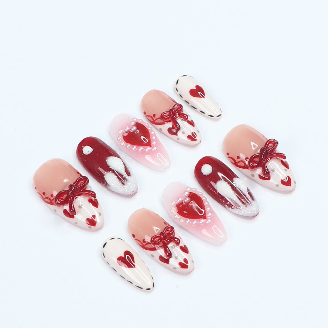 red white pink press on nails love heart press on nails bows hearts white red 3d nails set